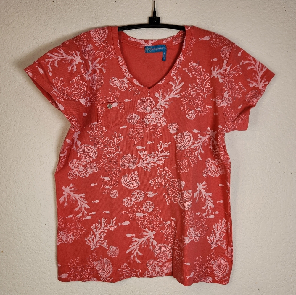 Fresh Produce Coral Coral Reef Design Short Sleeve‎ Top, Size L